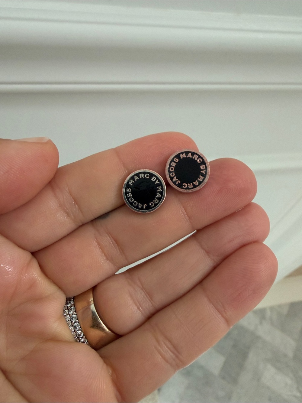 Marc by Marc Jacobs Black and Silver Logo Circle Stud Earrings